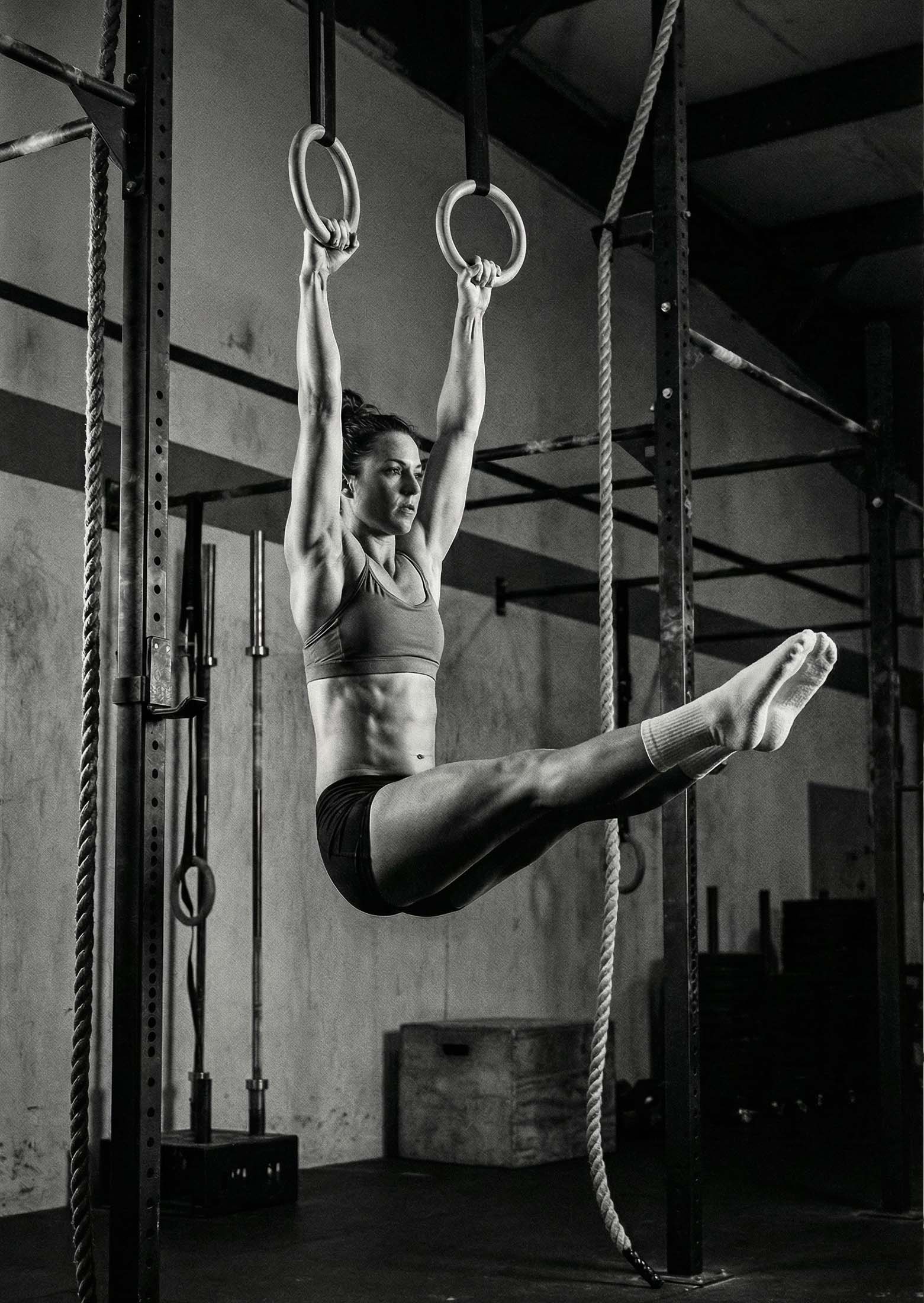 Athlete performing a controlled dip on gymnastic rings in a training space