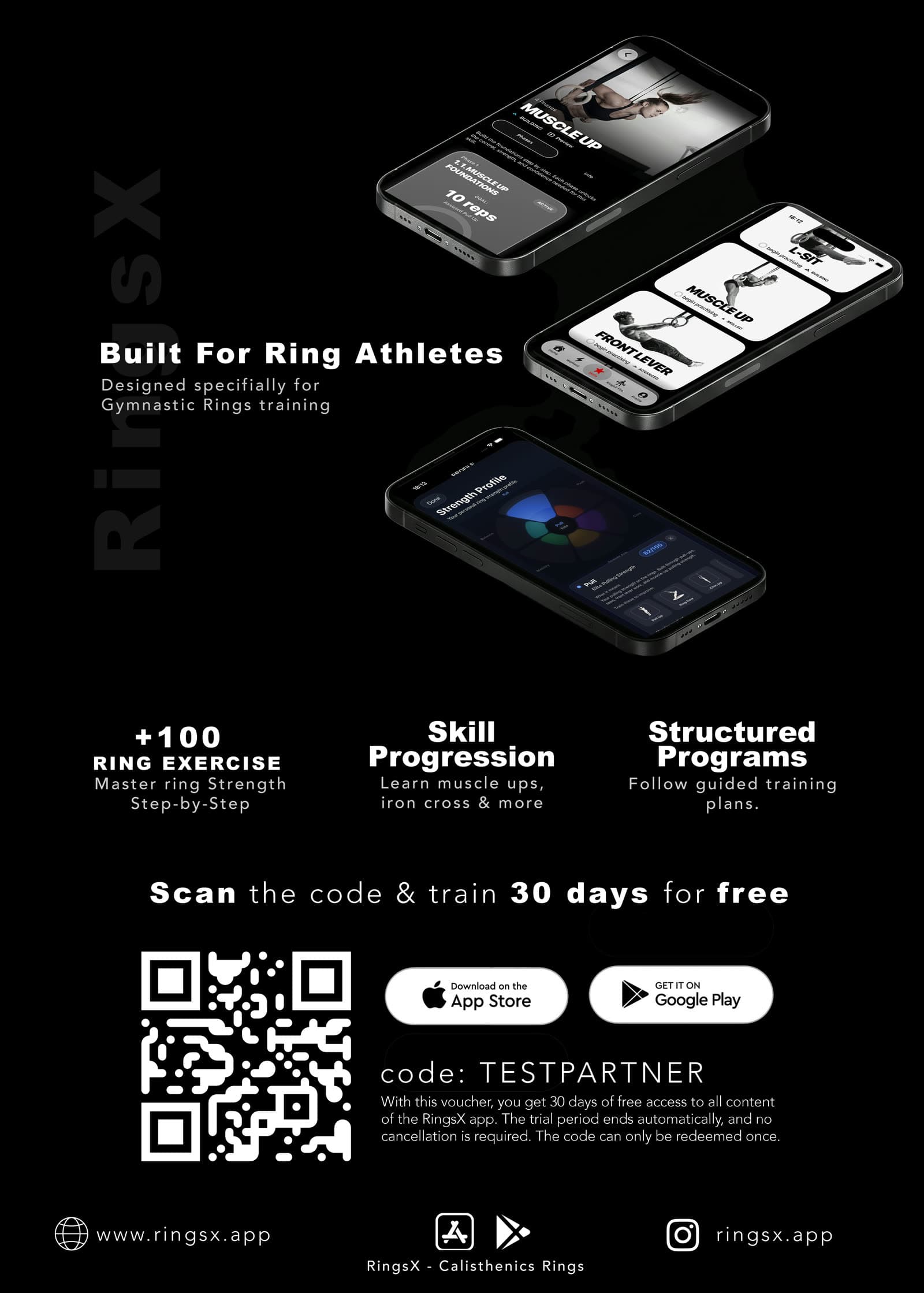 RingsX A6 partner flyer back — Built For Ring Athletes with 30-day trial offer